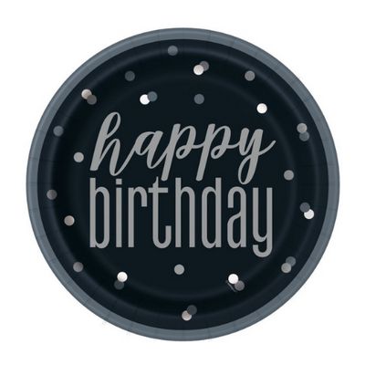 Glitz Black &amp; Silver “Happy Birthday” 9" Dinner Plates – 8ct
