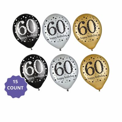 60th Birthday Latex Balloons – 15ct (Black, Silver &amp; Gold)UN-FILLED