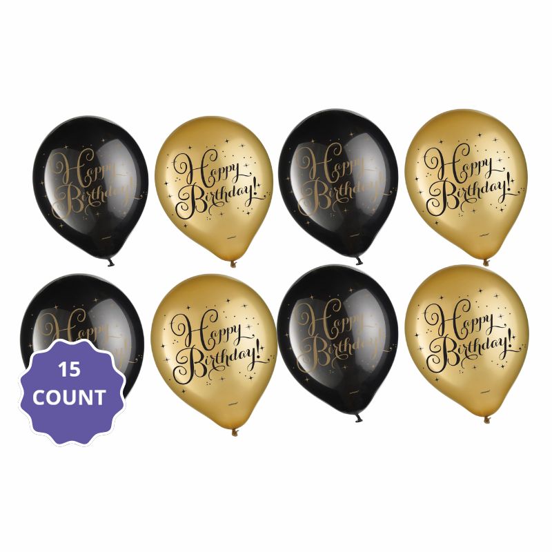 Happy Birthday Latex Balloons – Gold &amp; Black, 12" (15ct) UN-filled