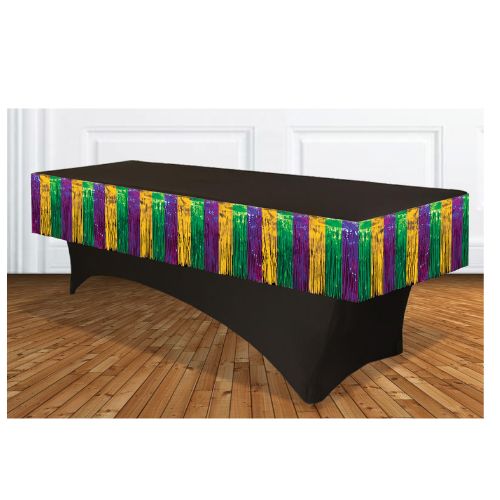 Tinsel Fringe Table Skirt – Purple, Gold &amp; Green | 15" x 20ft