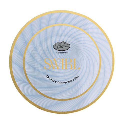 Swirl Combo Plate Set – Blue with Gold Rim, 32ct