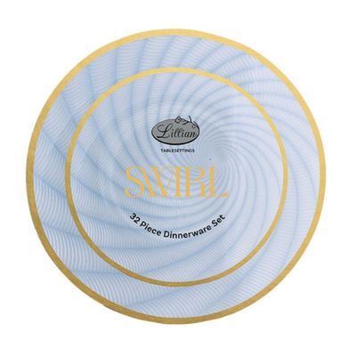 Swirl Combo Plate Set – Blue with Gold Rim, 32ct
