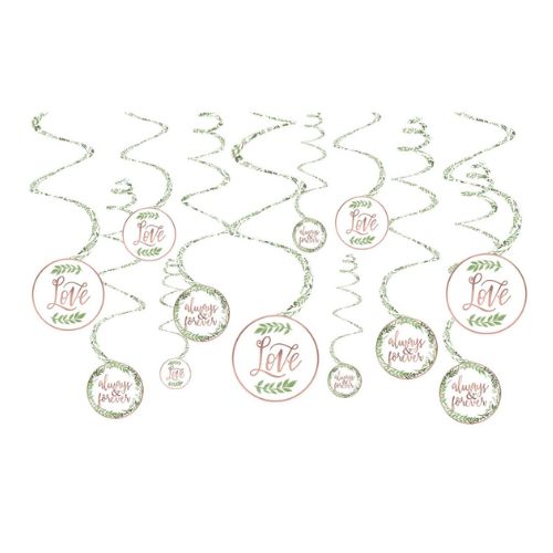 Love &amp; Leaves Swirl Hanging Decorations – Rose Gold/Green, 10", 12pk