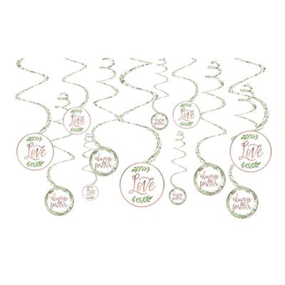 Love &amp; Leaves Swirl Hanging Decorations – Rose Gold/Green, 10", 12pk