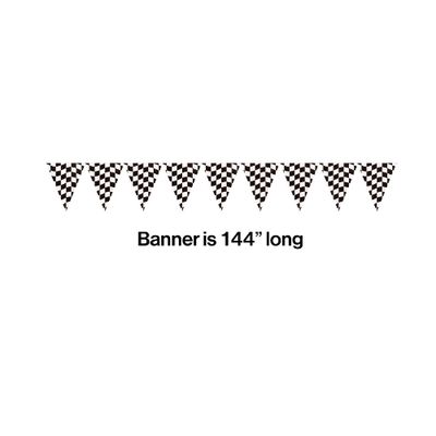 Black &amp; White Checkered Jumbo Plastic Pennant Banner – 12ft