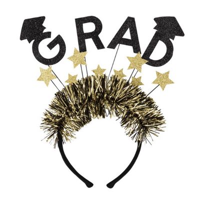 Black and Gold “Grad” Star Felt Headband with Tinsel Fringe