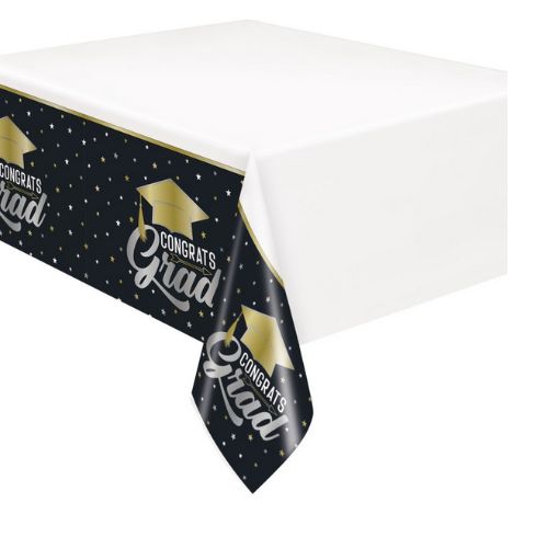 Stars &amp; Caps Graduation Rectangular Plastic Table Cover – 54" x 84"