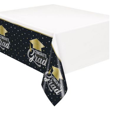 Stars &amp; Caps Graduation Rectangular Plastic Table Cover – 54" x 84"