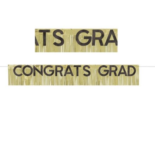 Gold Foil Glitter Fringe “Congrats Grad” Banner with Black Glitter Letter Cutouts – 6 ft