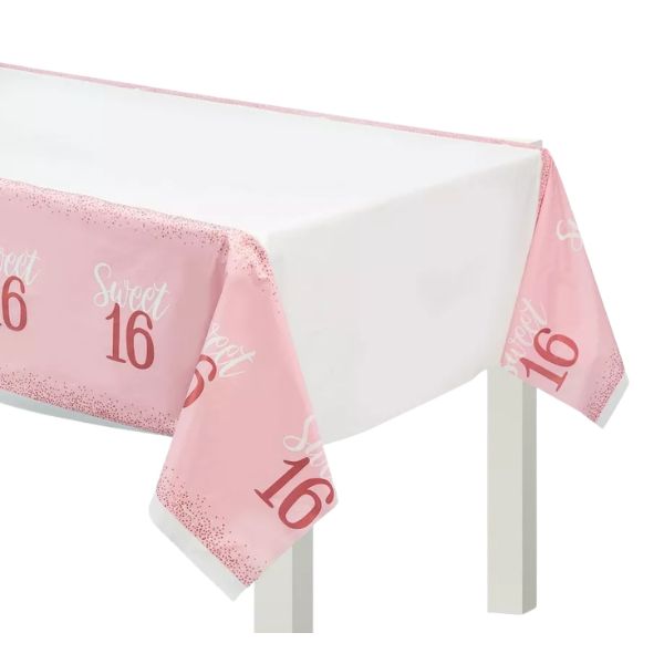 Rose Gold &amp; Pink Sweet 16 Table Cover  54in x 102in Plastic Table Cover