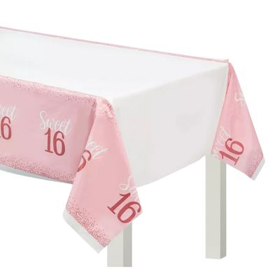 Rose Gold &amp; Pink Sweet 16 Table Cover  54in x 102in Plastic Table Cover