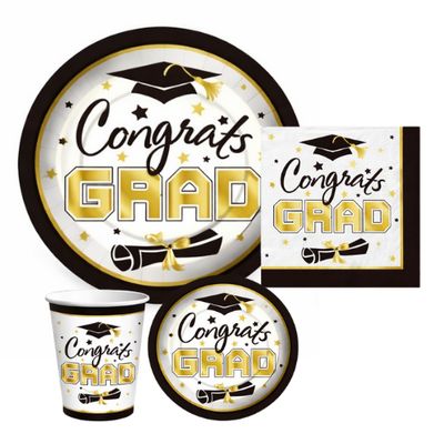 Black &amp; Gold Congrats Grad Paper Tableware