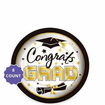 Black &amp; Gold Congrats Grad Paper Tableware, Size &amp; Qty: 7" Dessert plates-8ct