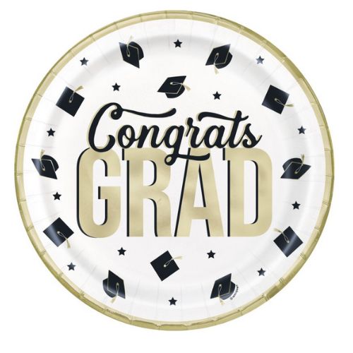 Classy Graduation “Congrats Grad” Round Dinner Plates – 9", 8ct (Foil Finish)