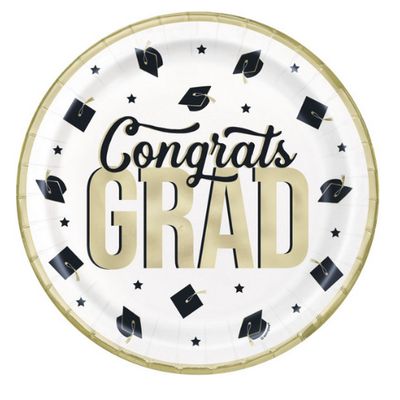 Classy Graduation “Congrats Grad” Round Dinner Plates – 9", 8ct (Foil Finish)