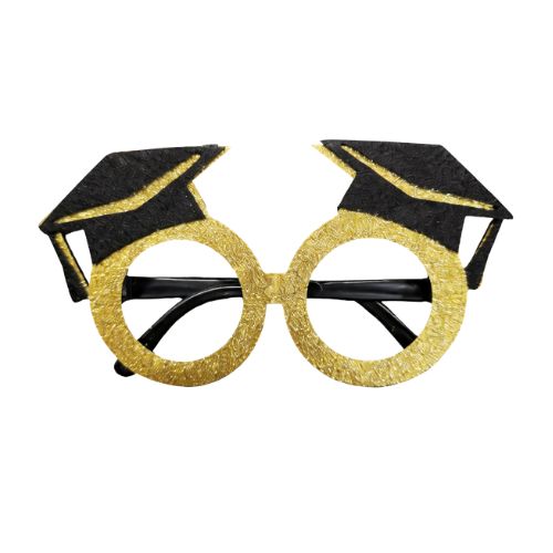Grad Hat Gold Glitter Felt &amp; Plastic Novelty Glasses – 7" x 4"