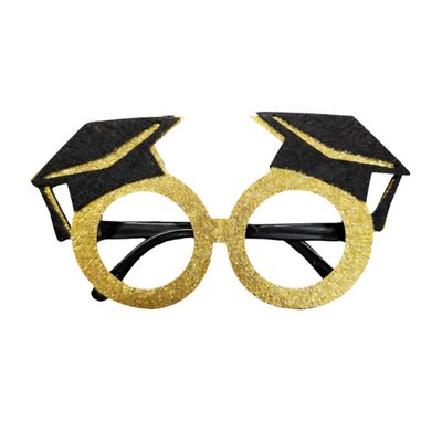 Grad Hat Gold Glitter Felt &amp; Plastic Novelty Glasses – 7" x 4"