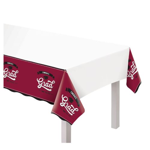 Congrats Grad School Spirit Plastic Table Cover – Maroon, 54" x 102"