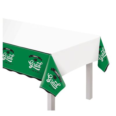 Congrats Grad School Spirit Plastic Table Cover – Green, 54" x 102"