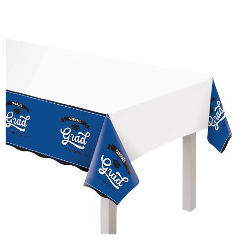 Congrats Grad School Spirit Plastic Table Cover – Blue, 54" x 102"