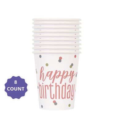 Glitz Rose Gold “Happy Birthday” Cups – 9oz, 8ct