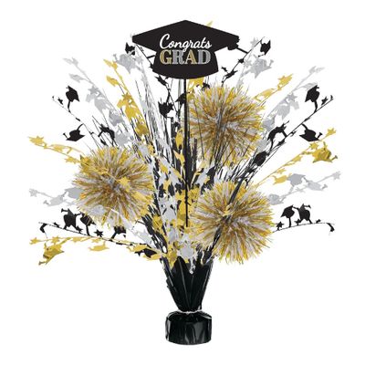 Grad Tinsel Burst Centerpiece – Black, Silver &amp; Gold, 18"