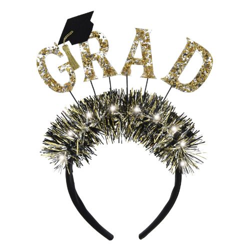 Grad Light‑Up Headband – Black, Silver &amp; Gold, 10" (Tinsel &amp; Foil)