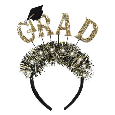 Grad Light‑Up Headband – Black, Silver &amp; Gold, 10" (Tinsel &amp; Foil)