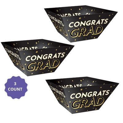 Congrats Grad Large Square Paper Bowls – Black, Silver &amp; Gold, 5"H x 12"W x 12"D, Paper, 3ct
