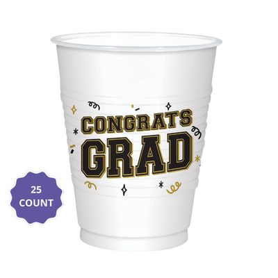 Black Silver and Gold Grad 16 oz Plastic Tumbler, 25ct