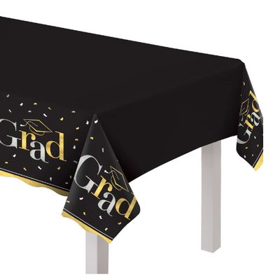 Black, Silver &amp; Gold Grad Plastic Table Cover, 54in x 102in