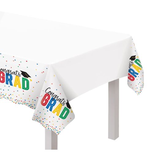 Multicolor Congrats Grad Plastic Table Cover, 54in x 102in - Colorful Future