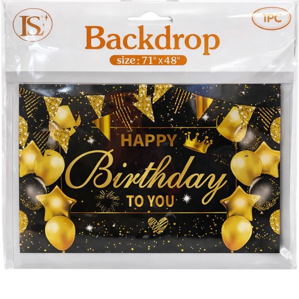 Black &amp; Gold Happy Birthday Cloth Backdrop – 71" x 48"