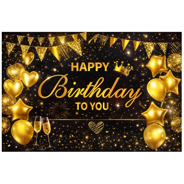 Black &amp; Gold Happy Birthday Cloth Backdrop – 71" x 48"