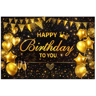 Black &amp; Gold Happy Birthday Cloth Backdrop – 71" x 48"