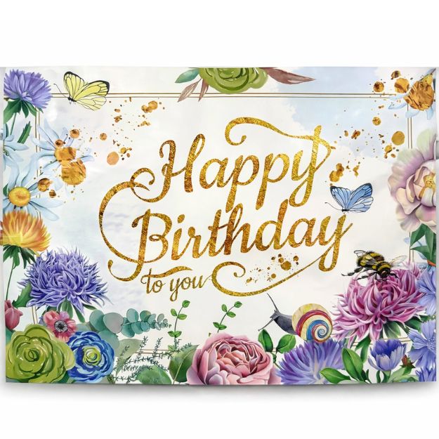 Floral &amp; Butterfly Happy Birthday Cloth Backdrop – 71" x 48"