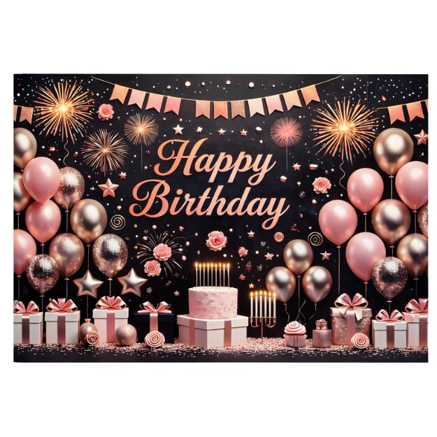 Black &amp; Blush / Rose-Gold Happy Birthday Cloth Backdrop – 71" x 48"