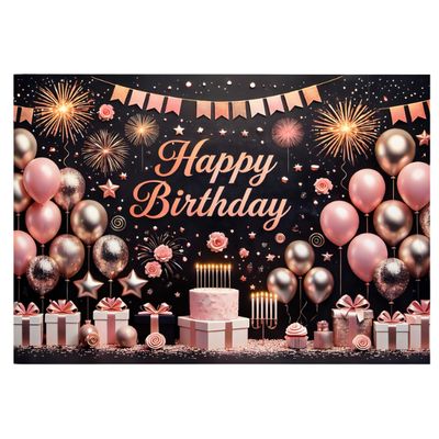 Black &amp; Blush / Rose-Gold Happy Birthday Cloth Backdrop – 71" x 48"