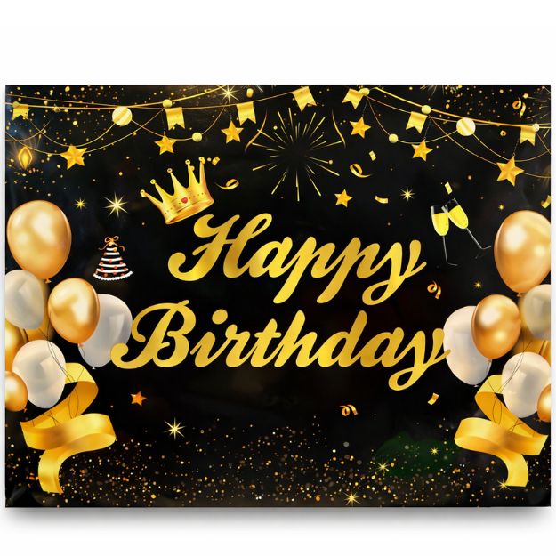 Black &amp; Gold Royal Crown Happy Birthday Cloth Backdrop – 71" x 48"