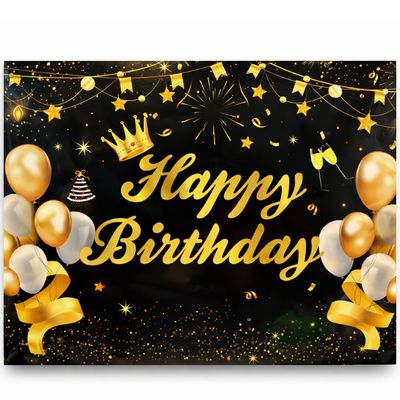 Black &amp; Gold Royal Crown Happy Birthday Cloth Backdrop – 71" x 48"