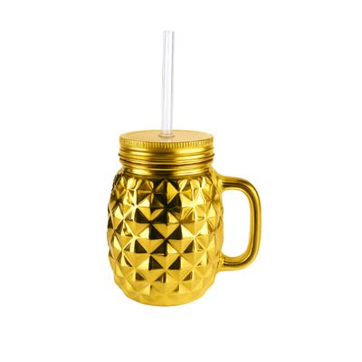 Pineapple Glass Mason Jar – Gold with Lid and Straw
