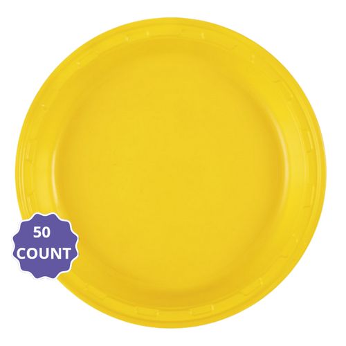 Sunshine Yellow Solid Round Plastic Dinner Plates – 10" (50 Count)