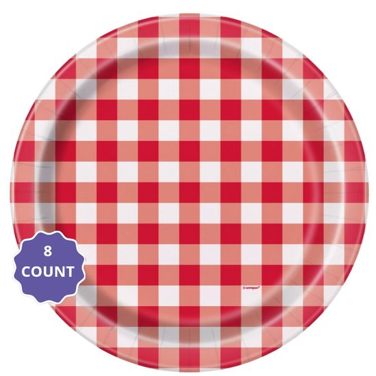 Red Gingham Round 9" Dinner Plates, 8ct