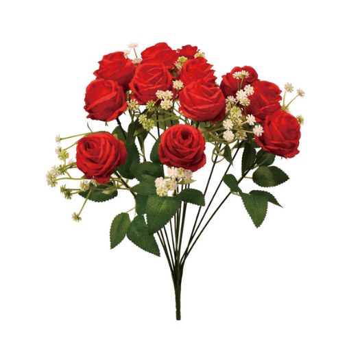 12-Head Flower Bouquet with Leaves &amp; Baby’s Breath, Color: Red