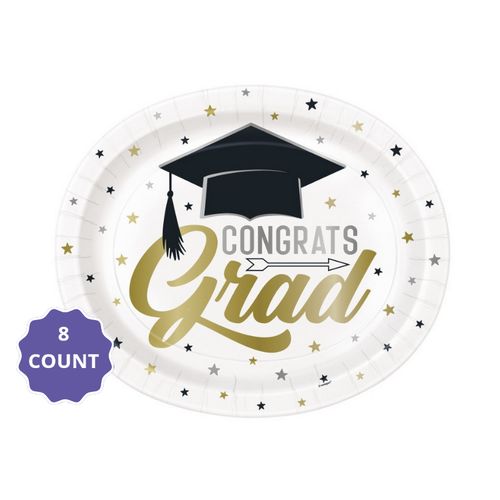 Stars &amp; Caps Graduation Oval Plates – 12" (8 Count)