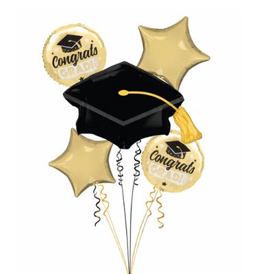 Congrats Grad White &amp; Gold Balloon Bouquet – 5 Pc Set