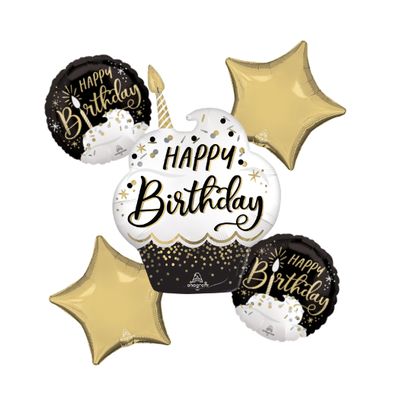 Happy Birthday Satin Black, Silver &amp; Gold Birthday Wishes Balloon Bouquet – 5 Pc Set