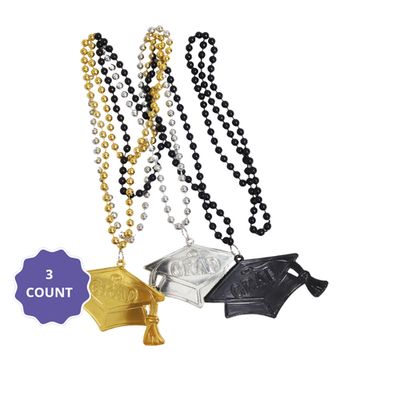 Graduation Cap Beads – 33" (3 Pc Set, Silver/Black/Gold)