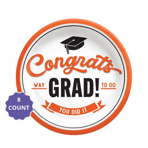 Orange School Spirit “Congrats Grad” Round Paper Plates – 7" (8 Count)