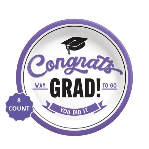 Purple School Spirit “Congrats Grad” Dessert Paper Plates – 7" (8 Count)
